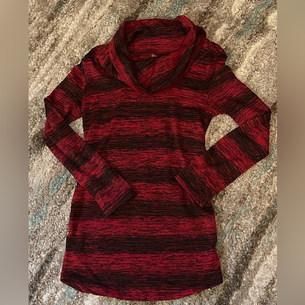Red and black maternity mock neck shirt.